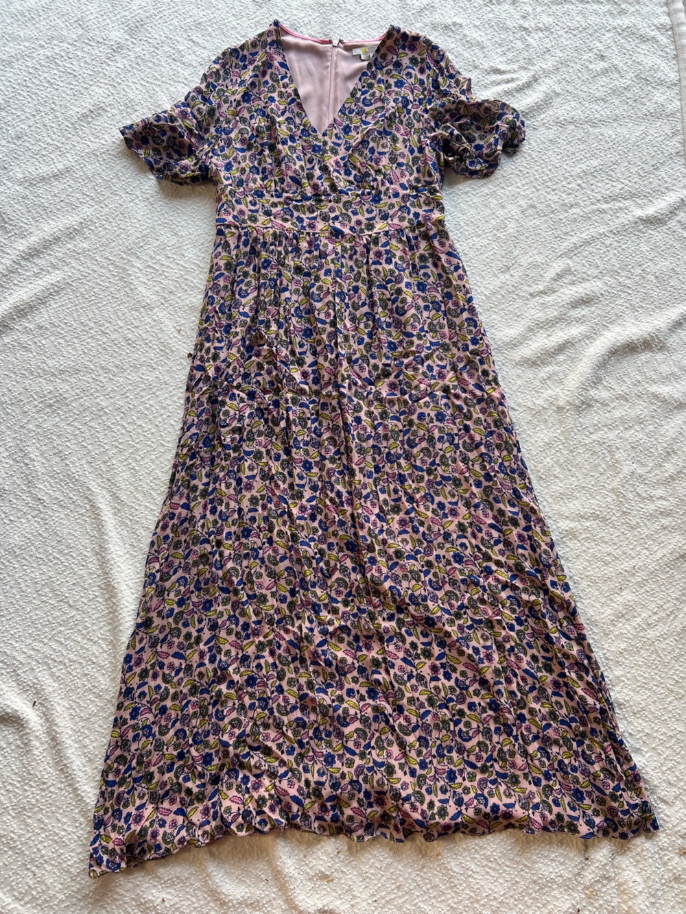 Boden Pink Floral V-Neck Maxi Dress Womens 8 Regular Short Sleeve Lined Sheer 8R